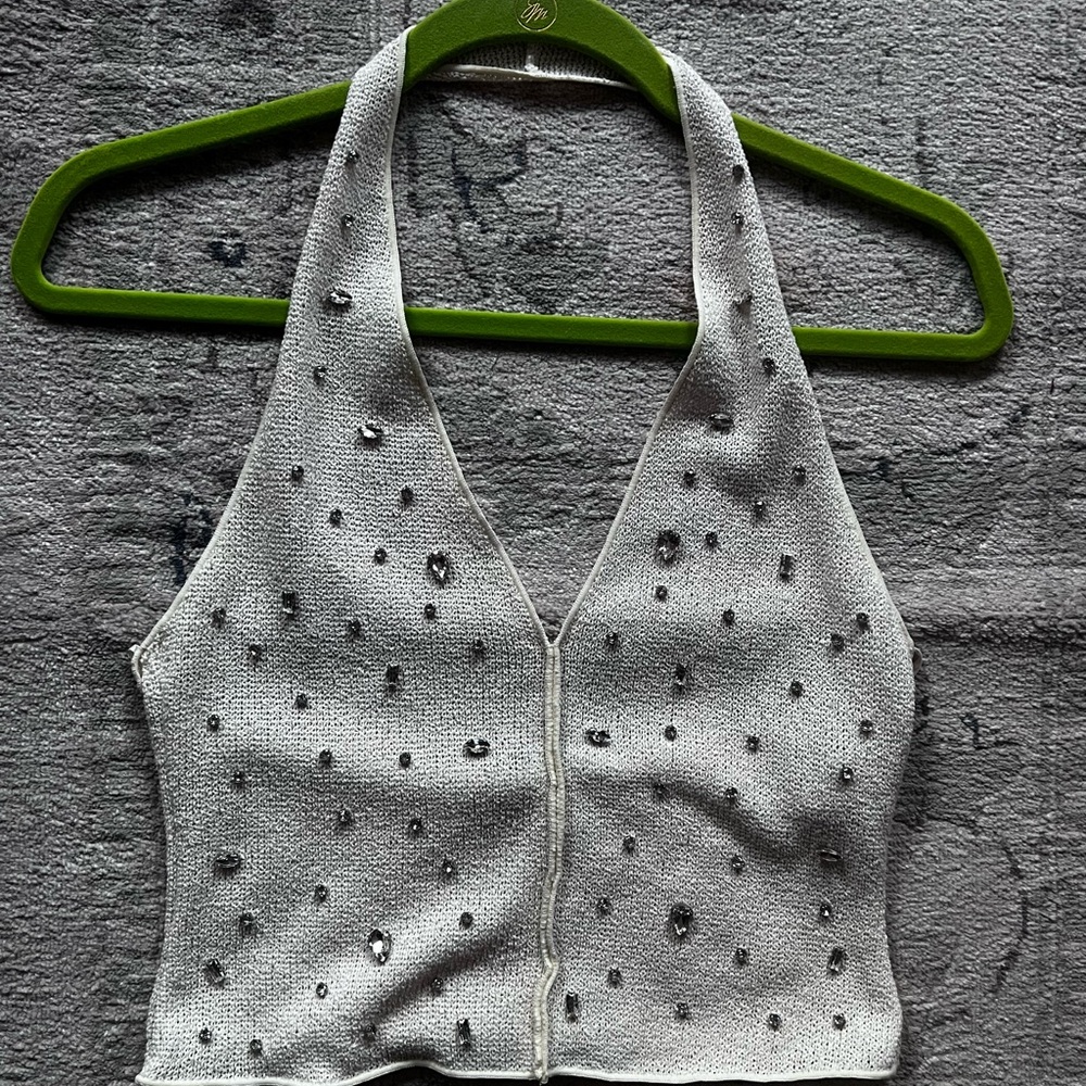 White Halter Top with Rhinestone Accents